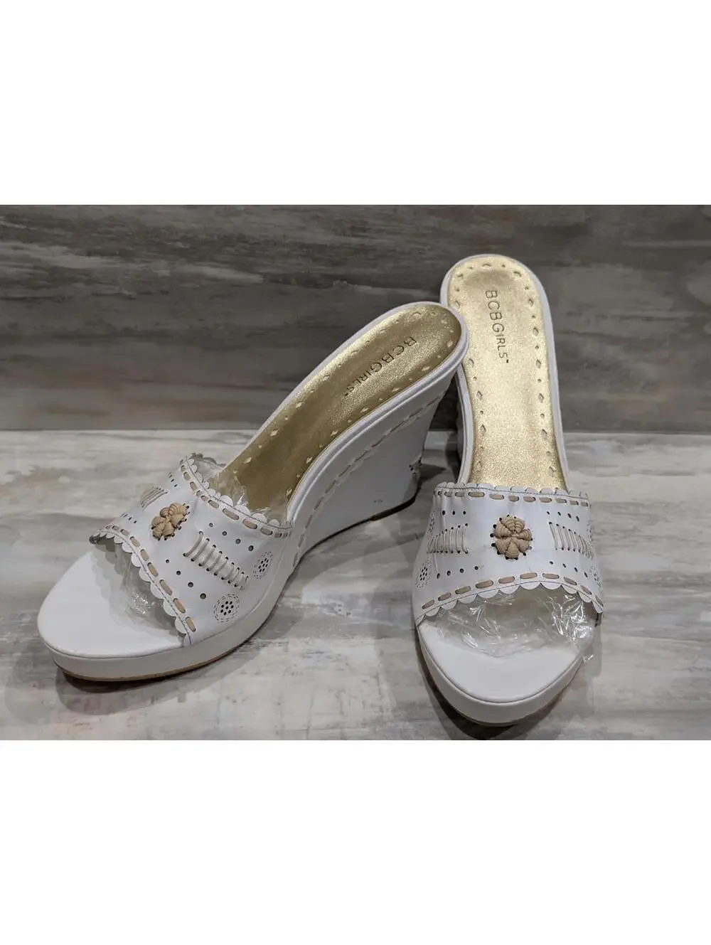 BCBGirls White Wedge Sandals with Decorative Cutouts Sz 11B